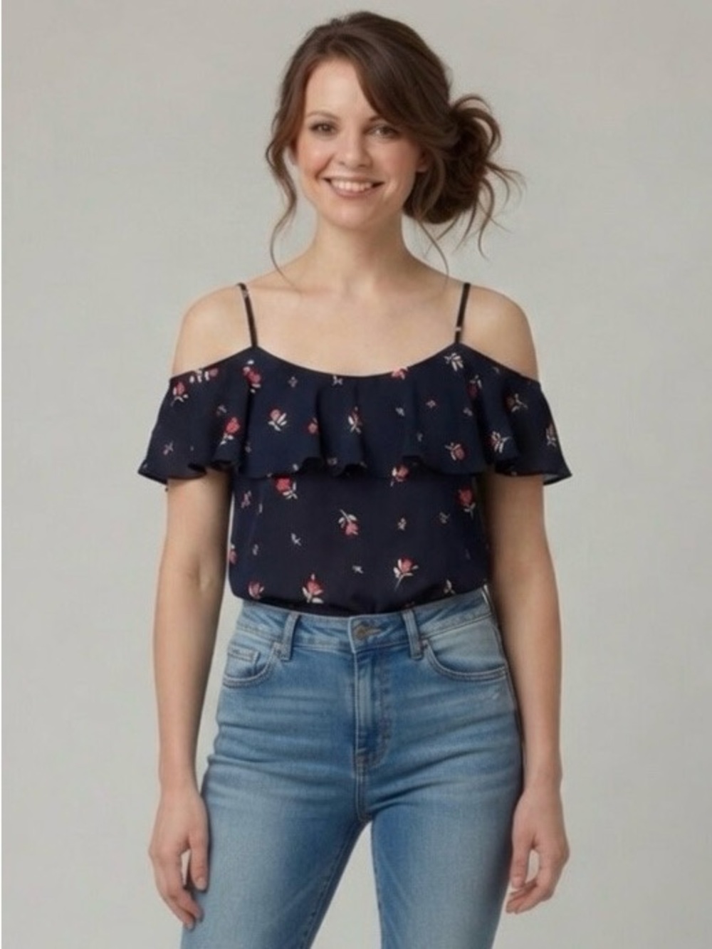 C Floral Cold-Shoulder Ruffle Camisole - Black with Pink